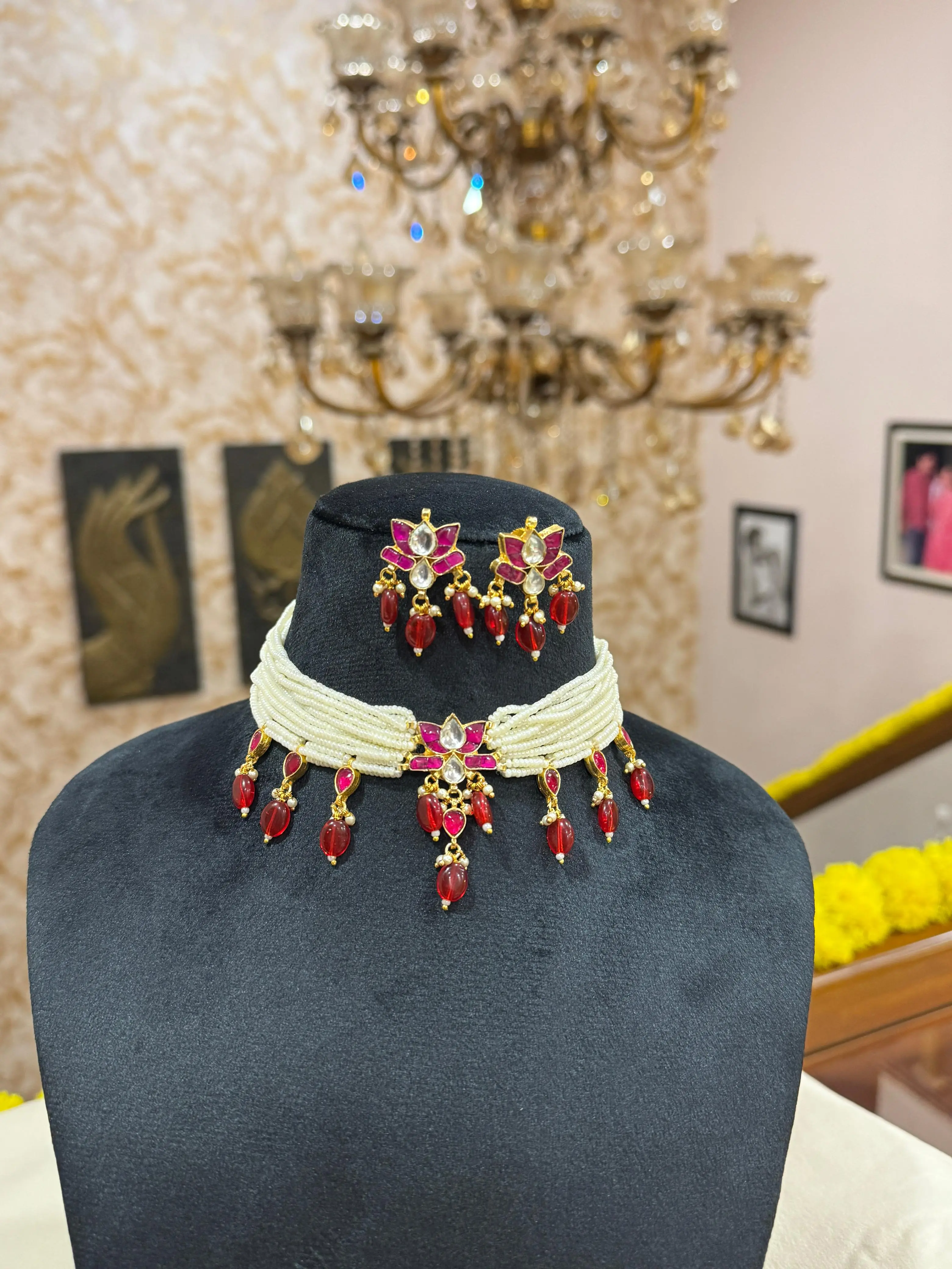 Lotus design Pachi Kundan choker set with matching earrings