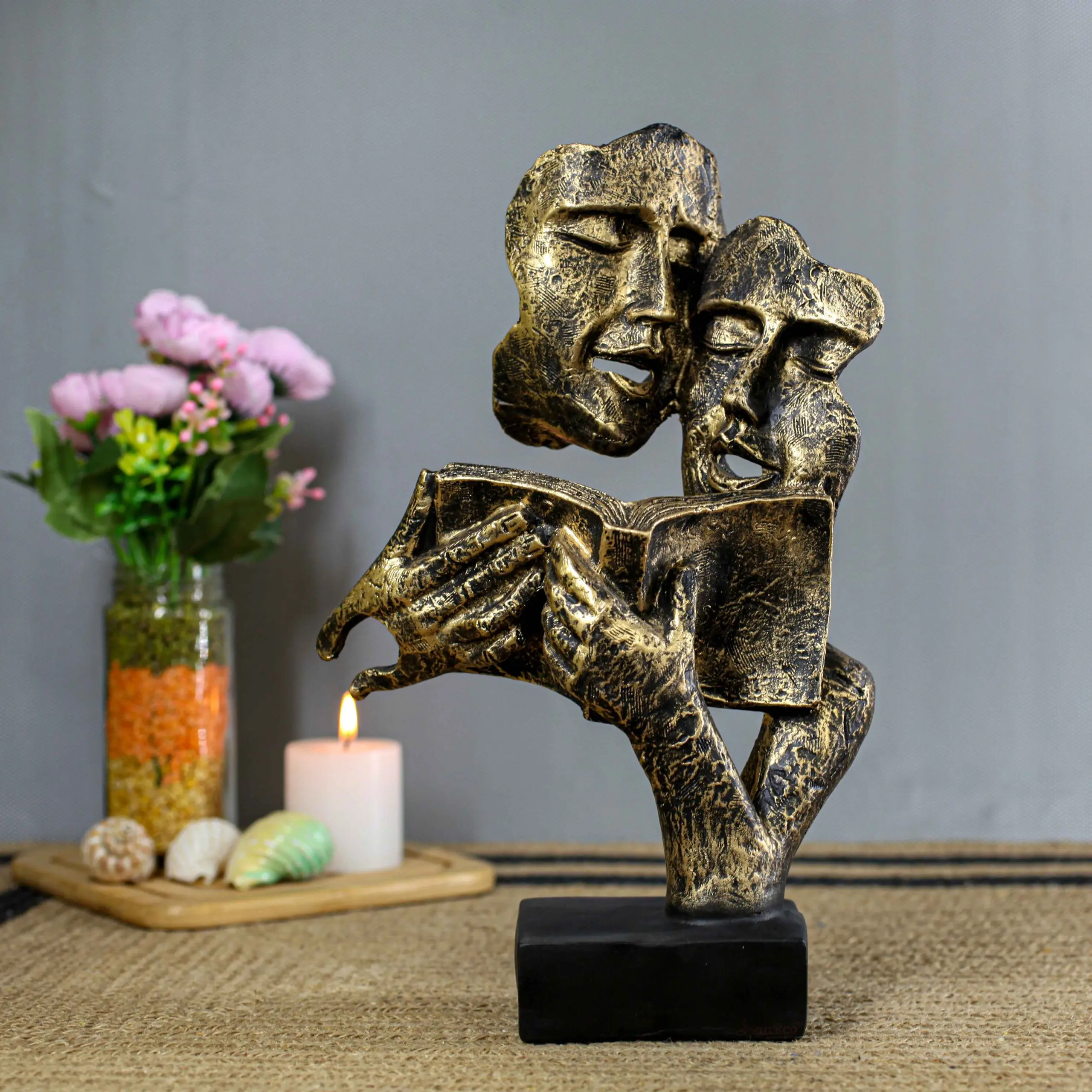 Golden Antique Two Face Lover Figurine with Book