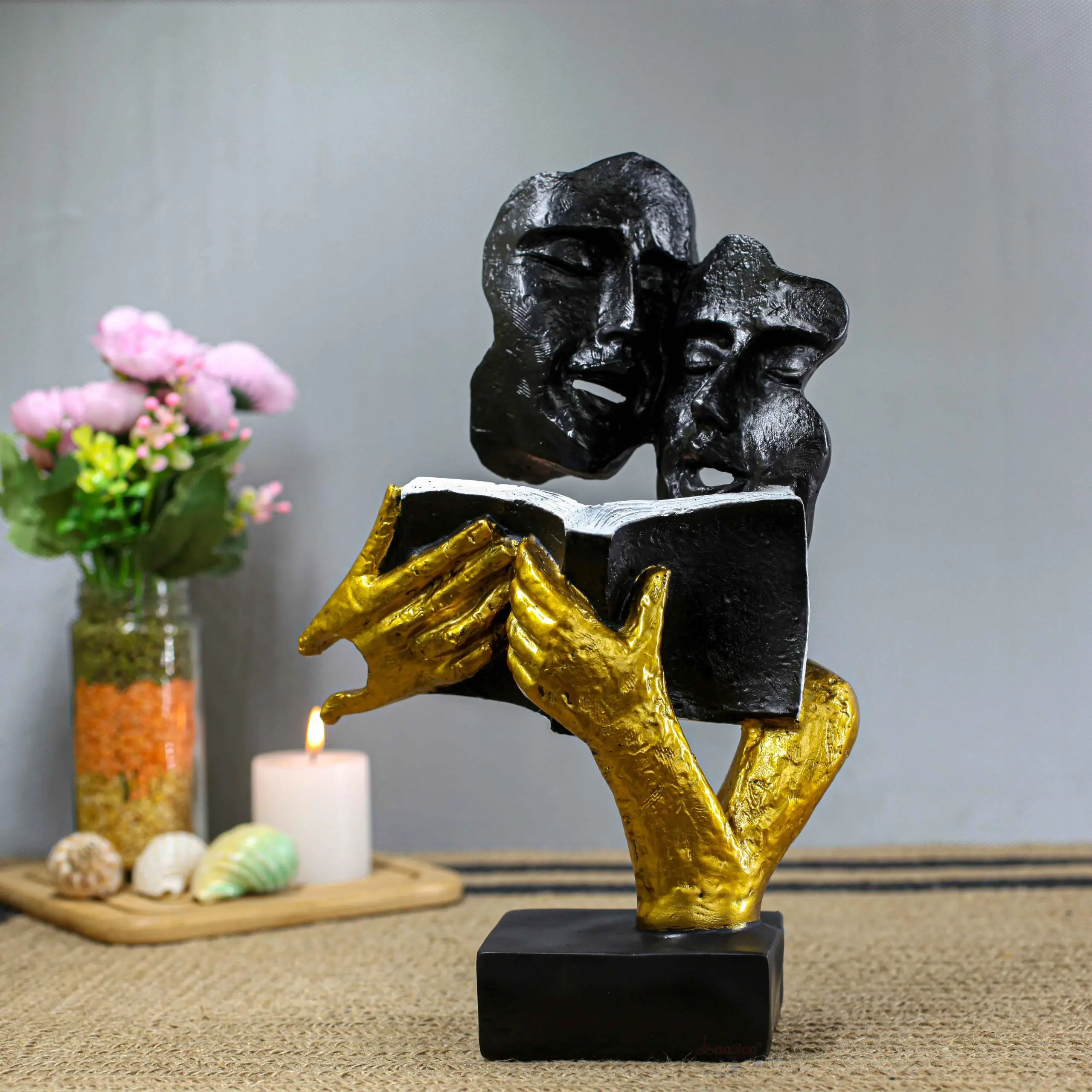 Yellow Golden Two Face Couple Figurine with Book